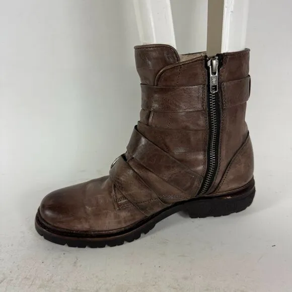 Frye Vanessa Tanker Ankle Booties Womens 7.5 Brown Leather Waterproof Side Zip
