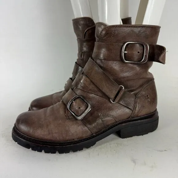 Frye Vanessa Tanker Ankle Booties Womens 7.5 Brown Leather Waterproof Side Zip