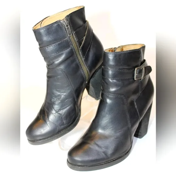 Frye Womens 7.5 M Patty Black Moto Bootie Ankle Boots EUC BLOCK HEEL.