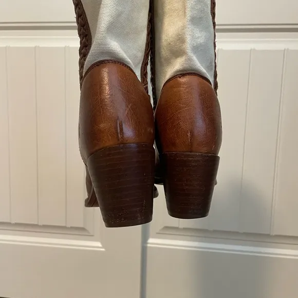 Frye Womens 77225 Jane Braid Canvas &amp; Leather riding Boots tall Size 9