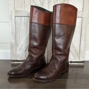 Frye Womens Tall 2 Tone Brown Leather Riding Boots Classic Size 7 1/2