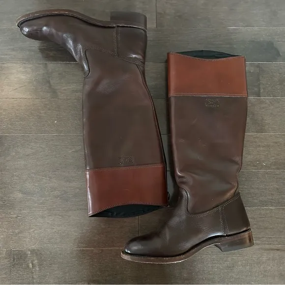 Frye Womens Tall 2 Tone Brown Leather Riding Boots Classic Size 7 1/2