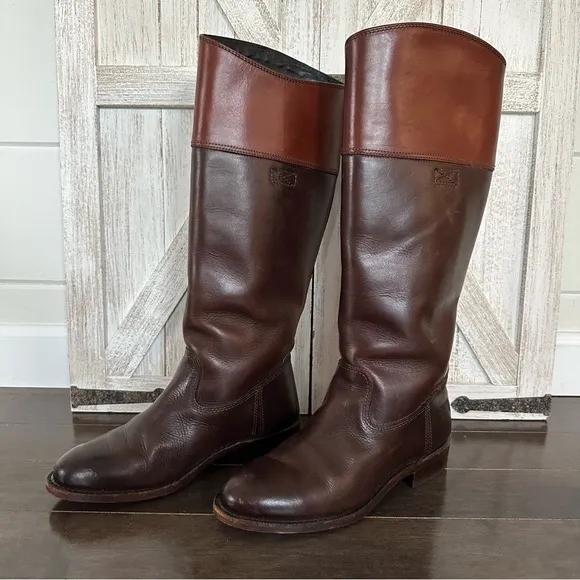 Frye Womens Tall 2 Tone Brown Leather Riding Boots Classic Size 7 1/2