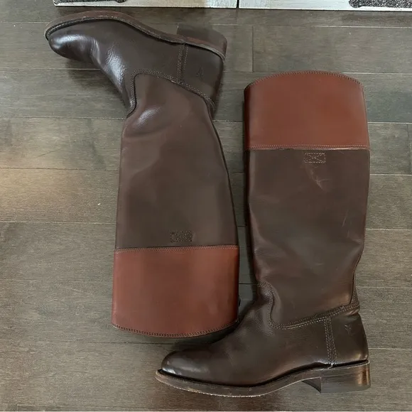 Frye Womens Tall 2 Tone Brown Leather Riding Boots Classic Size 7 1/2