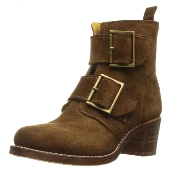 Frye Sabrina Double Buckle Leather Suede Boots Brown Women’s Size 9 M