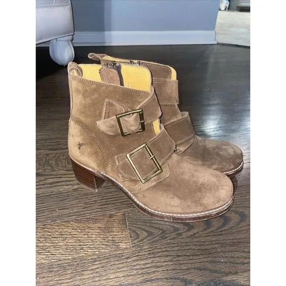 Frye Sabrina Double Buckle Leather Suede Boots Brown Women’s Size 9 M
