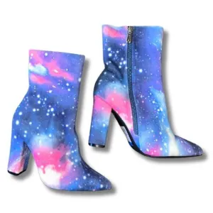 Galaxy Print Pointy Toe Chunky Heeled Ankle Boots Women's Size 7 Heel 4 inches