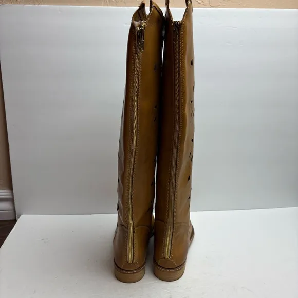 Ganzo Brown Leather Knee-High Boots Laser Cut Floral Zip-up Made in Italy 38 8