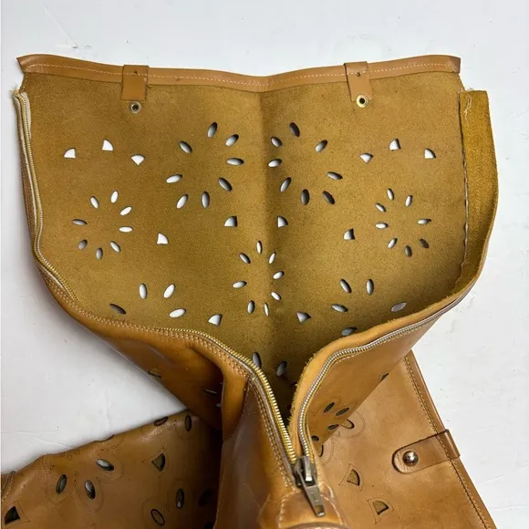 Ganzo Brown Leather Knee-High Boots Laser Cut Floral Zip-up Made in Italy 38 8