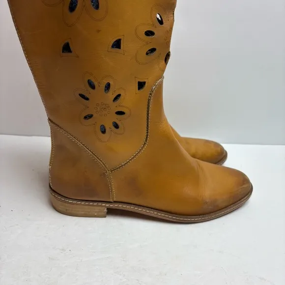 Ganzo Brown Leather Knee-High Boots Laser Cut Floral Zip-up Made in Italy 38 8