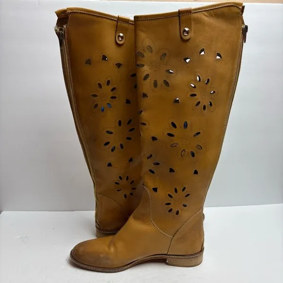 Ganzo Brown Leather Knee-High Boots Laser Cut Floral Zip-up Made in Italy 38 8