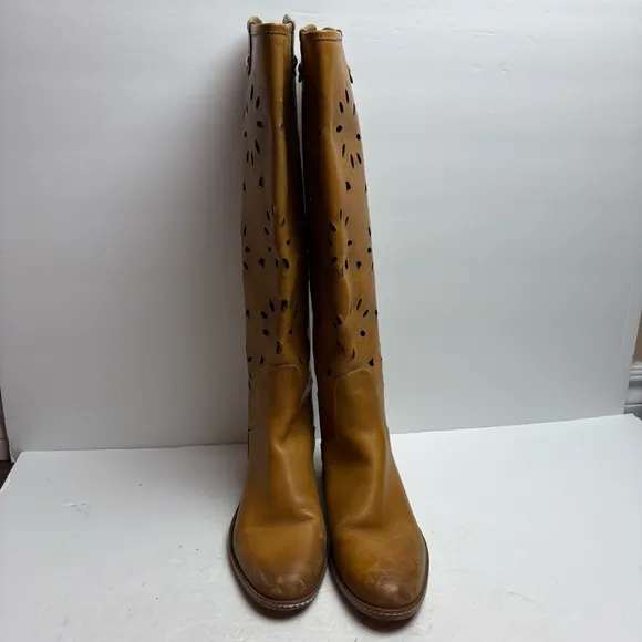 Ganzo Brown Leather Knee-High Boots Laser Cut Floral Zip-up Made in Italy 38 8