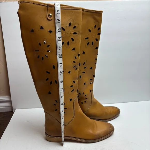 Ganzo Brown Leather Knee-High Boots Laser Cut Floral Zip-up Made in Italy 38 8