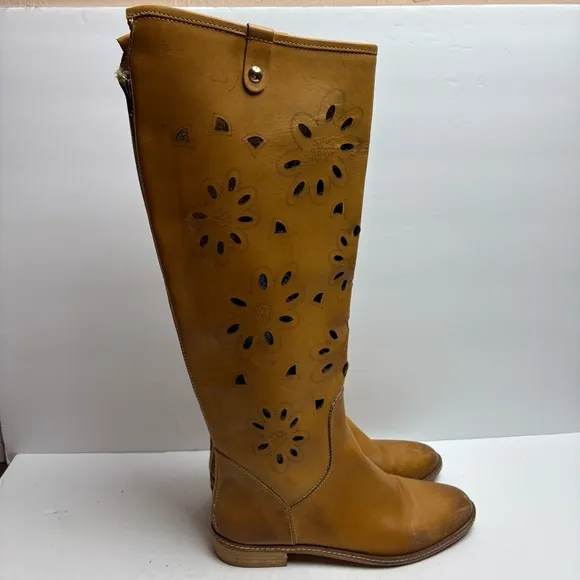 Ganzo Brown Leather Knee-High Boots Laser Cut Floral Zip-up Made in Italy 38 8