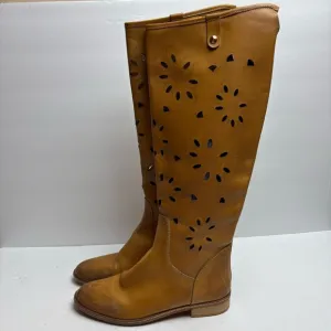 Ganzo Brown Leather Knee-High Boots Laser Cut Floral Zip-up Made in Italy 38 8