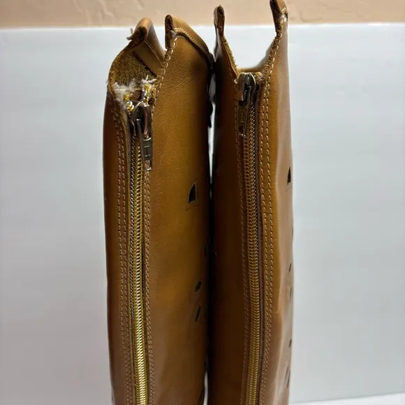 Ganzo Brown Leather Knee-High Boots Laser Cut Floral Zip-up Made in Italy 38 8