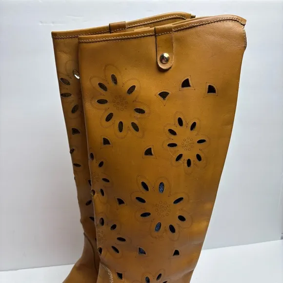 Ganzo Brown Leather Knee-High Boots Laser Cut Floral Zip-up Made in Italy 38 8