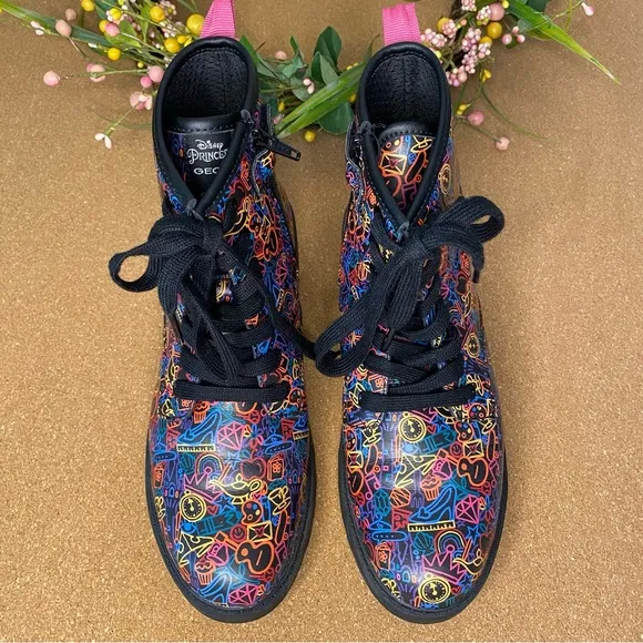 Geox Casey Junior Black multicolor Girls lace up ankle booties Disney Princess