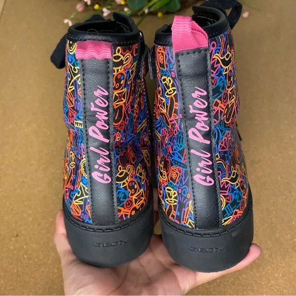 Geox Casey Junior Black multicolor Girls lace up ankle booties Disney Princess