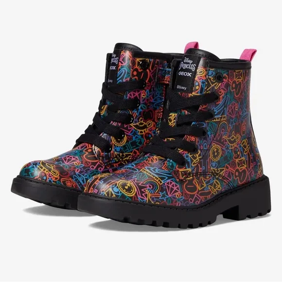 Geox Casey Junior Black multicolor Girls lace up ankle booties Disney Princess