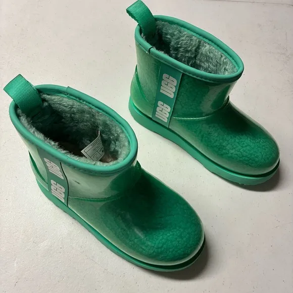 Girls Sz 2 Ugg Classic Clear Mini Teal Waterproof Rain Snow Boots Turquoise Warm