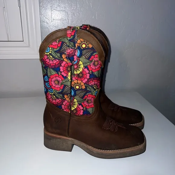 Girls Western Cowboy Boots Floral Leather Square