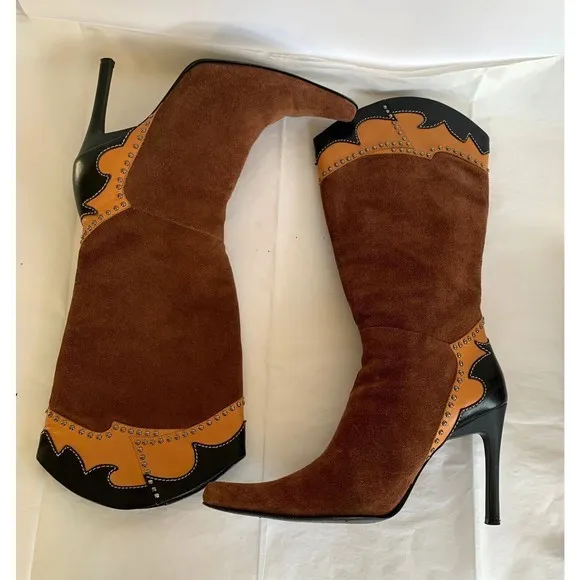 Glory Chen Tall Boots Brown Suede/Leather Black Studded Heels Women's - Size 9.5