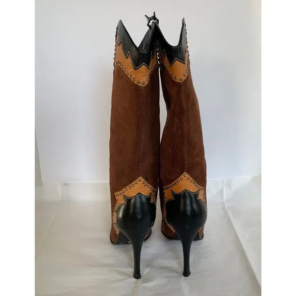 Glory Chen Tall Boots Brown Suede/Leather Black Studded Heels Women's - Size 9.5