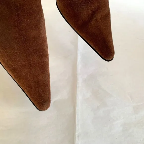 Glory Chen Tall Boots Brown Suede/Leather Black Studded Heels Women's - Size 9.5