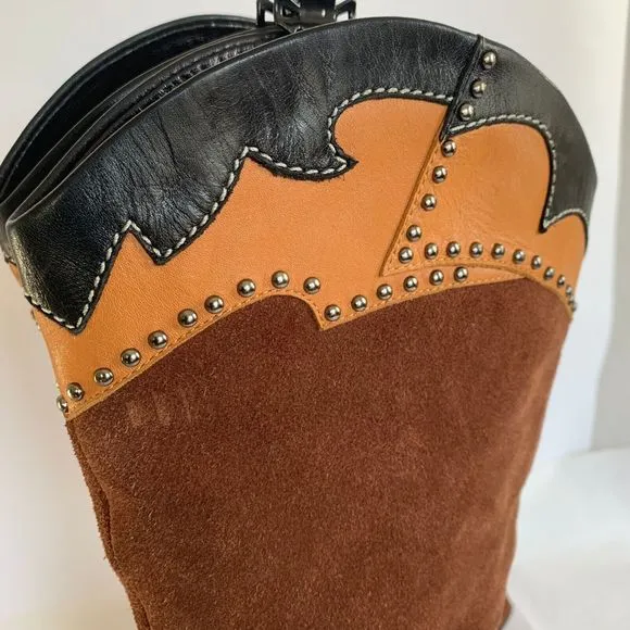 Glory Chen Tall Boots Brown Suede/Leather Black Studded Heels Women's - Size 9.5