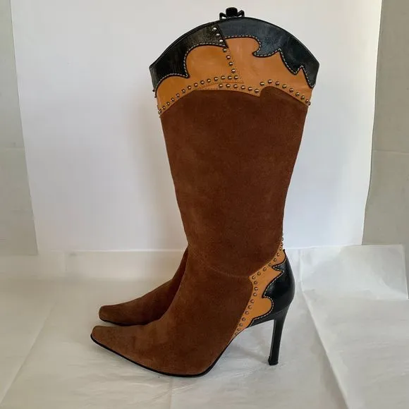 Glory Chen Tall Boots Brown Suede/Leather Black Studded Heels Women's - Size 9.5