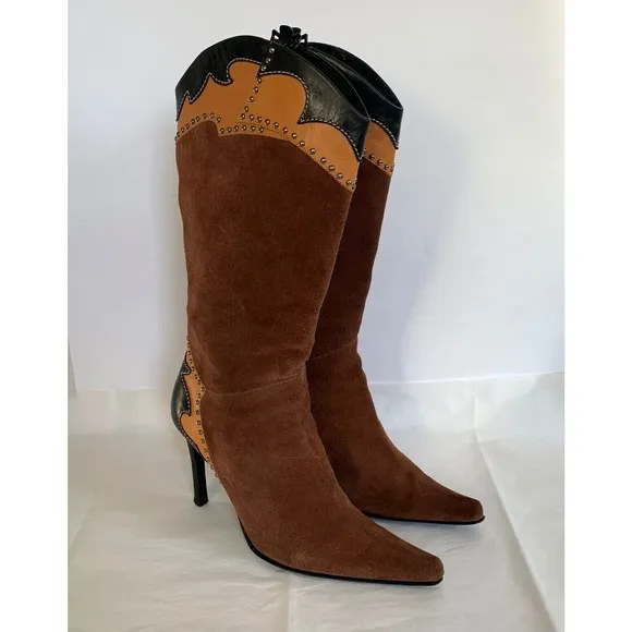 Glory Chen Tall Boots Brown Suede/Leather Black Studded Heels Women's - Size 9.5