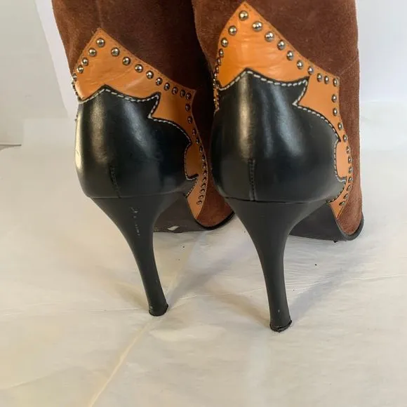 Glory Chen Tall Boots Brown Suede/Leather Black Studded Heels Women's - Size 9.5