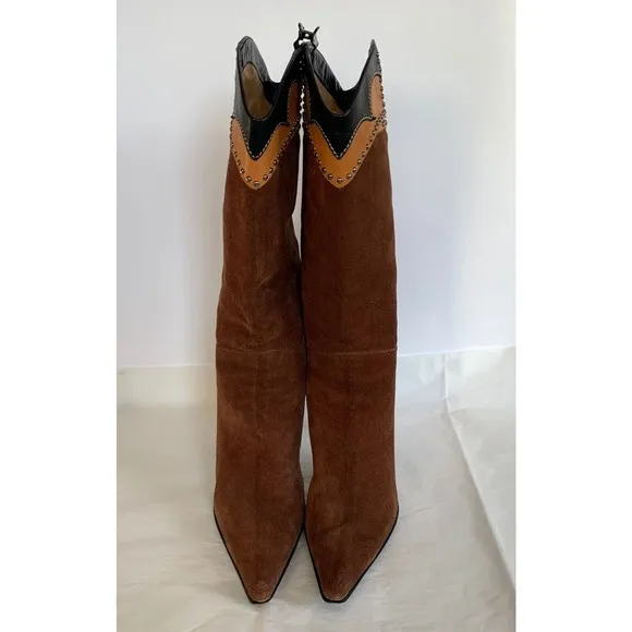 Glory Chen Tall Boots Brown Suede/Leather Black Studded Heels Women's - Size 9.5