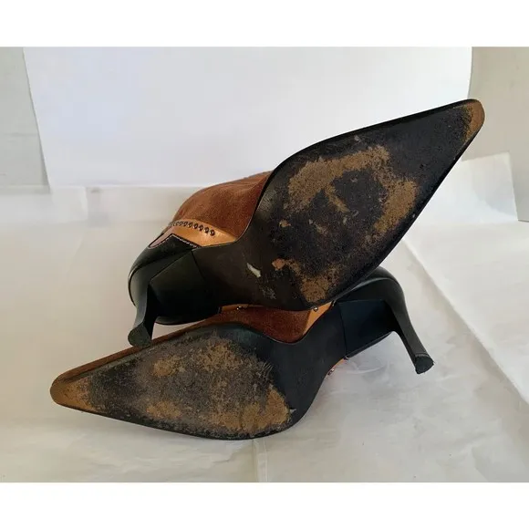 Glory Chen Tall Boots Brown Suede/Leather Black Studded Heels Women's - Size 9.5