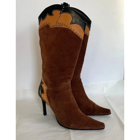 Glory Chen Tall Boots Brown Suede/Leather Black Studded Heels Women's - Size 9.5