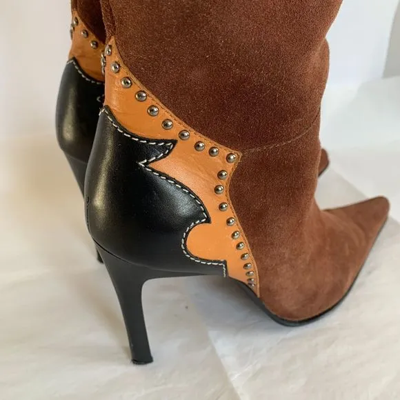 Glory Chen Tall Boots Brown Suede/Leather Black Studded Heels Women's - Size 9.5