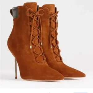 Good American  Scandal Lace Up High Heel Booties