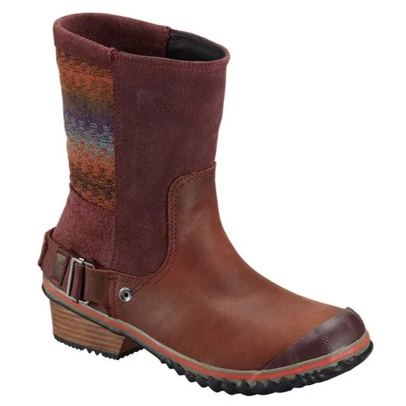 GUC Womens Sorel Slim shortie Boots Size 9 sunset weave  Brown Bonfire Leather