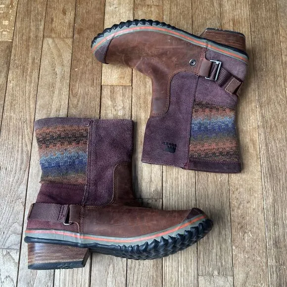 GUC Womens Sorel Slim shortie Boots Size 9 sunset weave  Brown Bonfire Leather