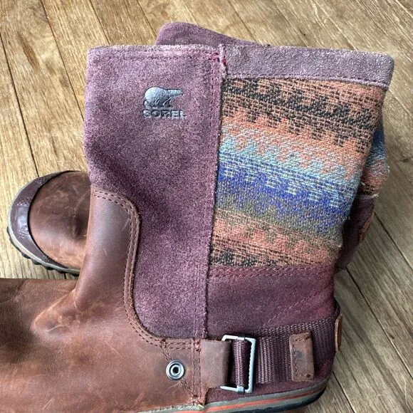 GUC Womens Sorel Slim shortie Boots Size 9 sunset weave  Brown Bonfire Leather