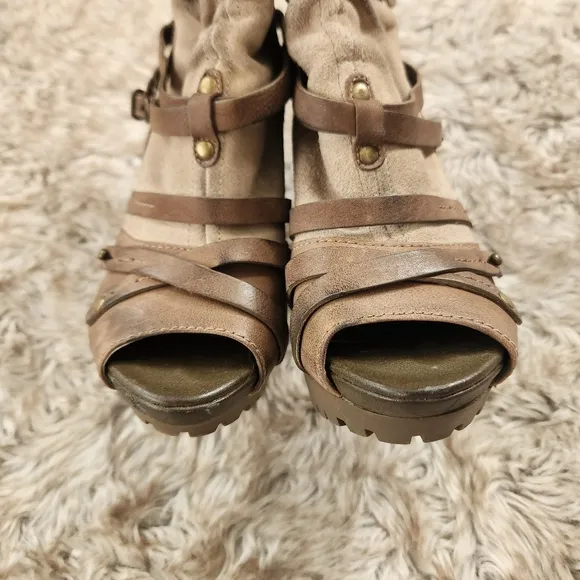 Gunmetal January Open Toed Stiletto Booties Brown And Beige Women's Size 36 US 6