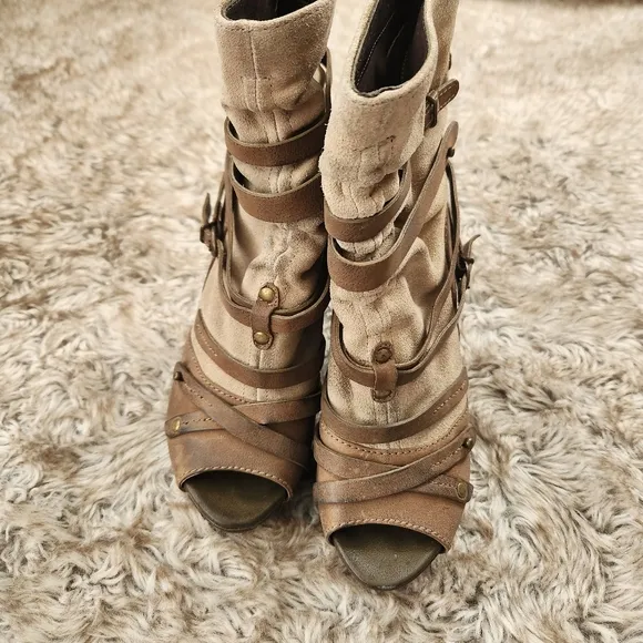 Gunmetal January Open Toed Stiletto Booties Brown And Beige Women's Size 36 US 6