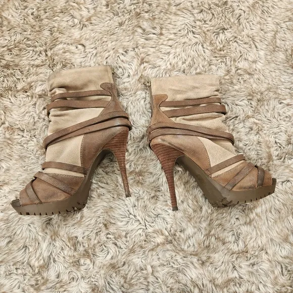 Gunmetal January Open Toed Stiletto Booties Brown And Beige Women's Size 36 US 6