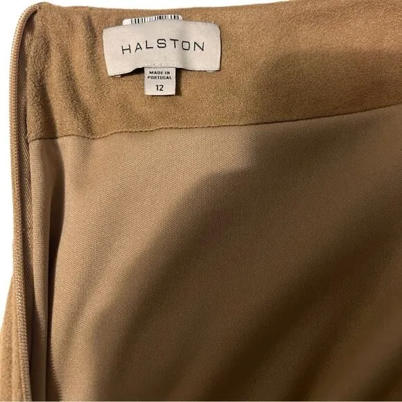 Halston Sylvia Ultra Suede Jersey Draped Midi Skirt in Camel  - Size 12