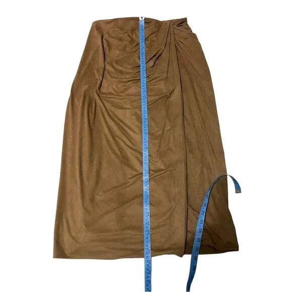 Halston Sylvia Ultra Suede Jersey Draped Midi Skirt in Camel  - Size 12