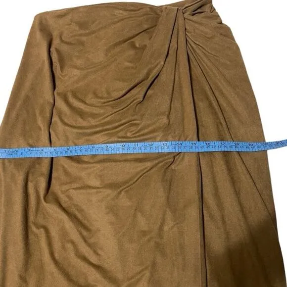 Halston Sylvia Ultra Suede Jersey Draped Midi Skirt in Camel  - Size 12
