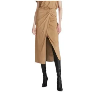 Halston Sylvia Ultra Suede Jersey Draped Midi Skirt in Camel  - Size 12