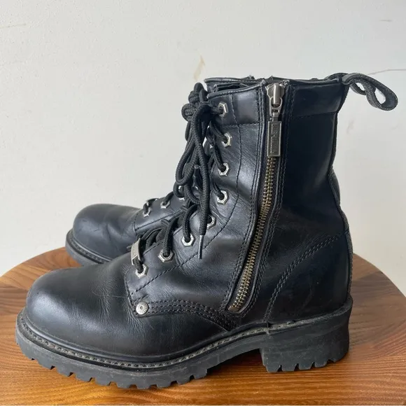 Harley Davidson Black Leather Riding Boots Lace Zipper