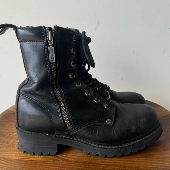 Harley Davidson Black Leather Riding Boots Lace Zipper
